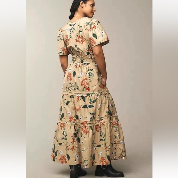Anthropologie The Somerset Maxi Dress Cotton Tiered XL Khaki Beige Floral Puff - Picture 10 of 16